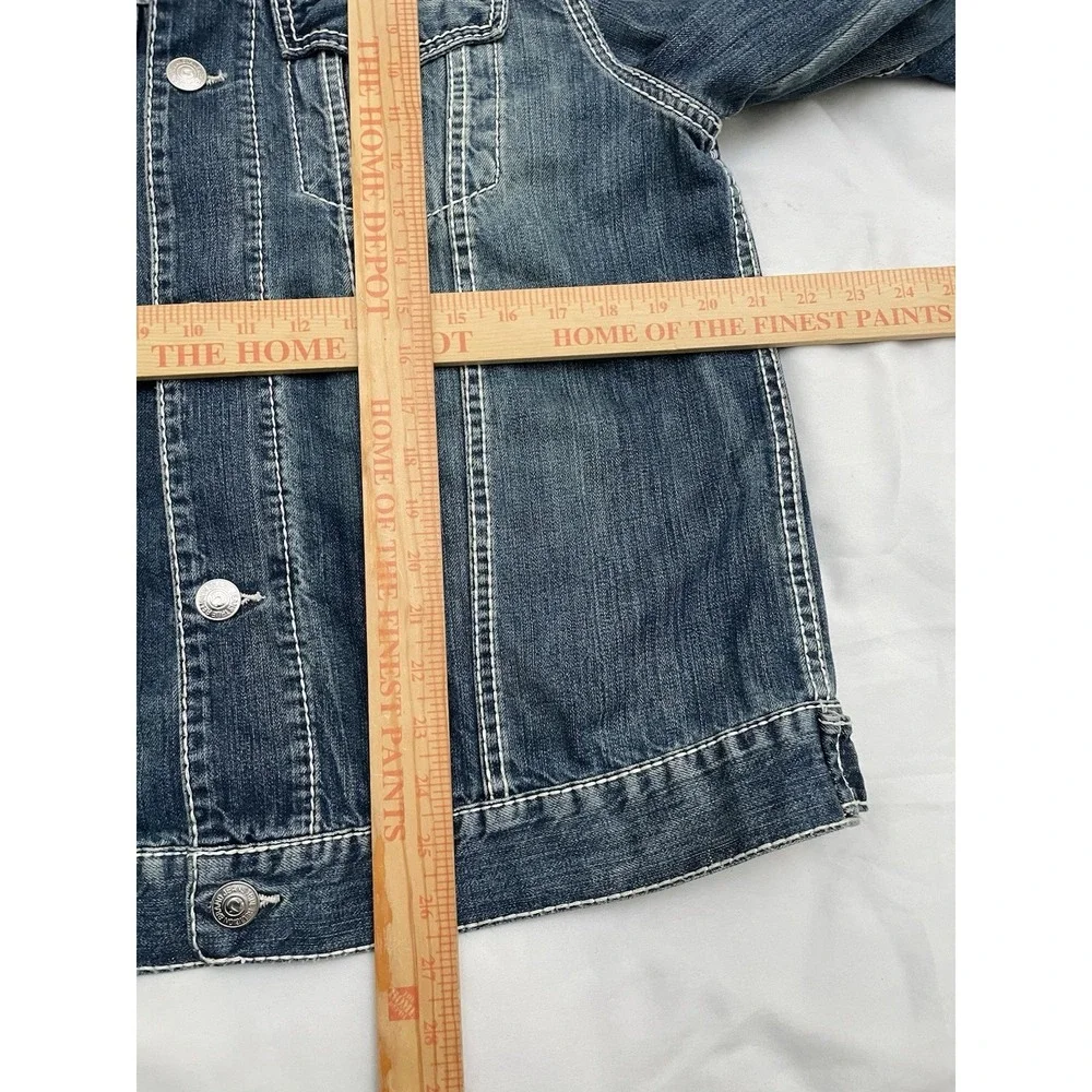 True Religion Jimmy Denim Trucker Jacket L Embroidered Thick Stitch Flap Pockets